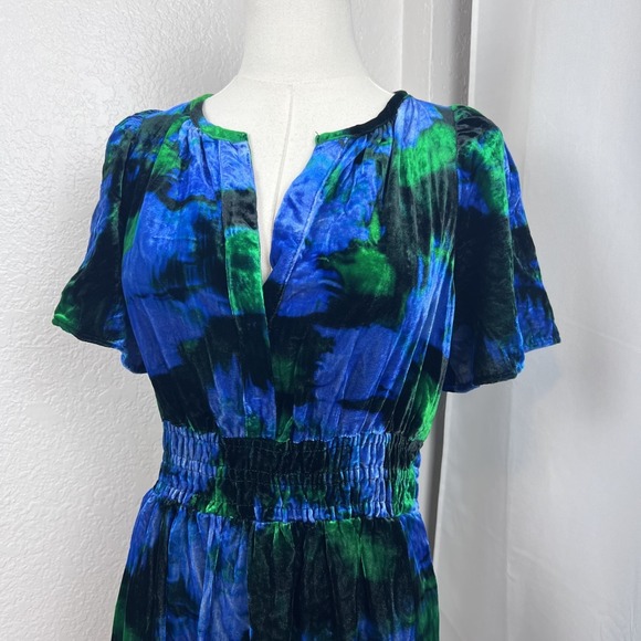 Anthropologie Mini Dress Womens Small Blue Floral Somerset Velvet Tiered Boho - Picture 2 of 13